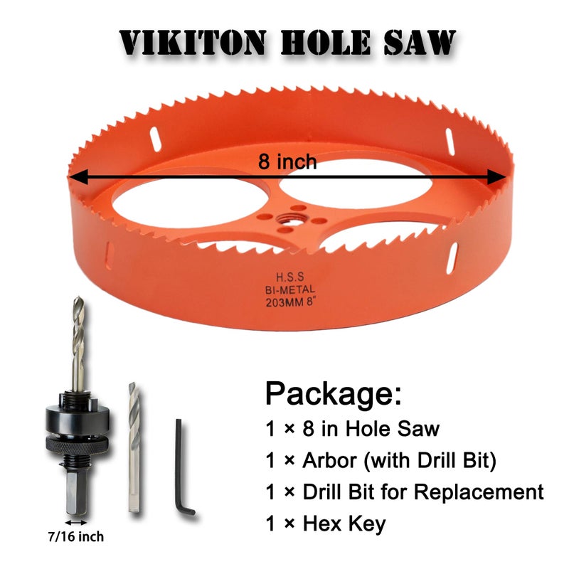 VIKITON 8 Inch Hole Saw with Arbor for Metal Wood Plastic  8 in Bi-Metal Hole Cutter for Different Project with Smooth and Flat Drilling Edge  Fast Chip Removal Lighter and Portable - Image 4